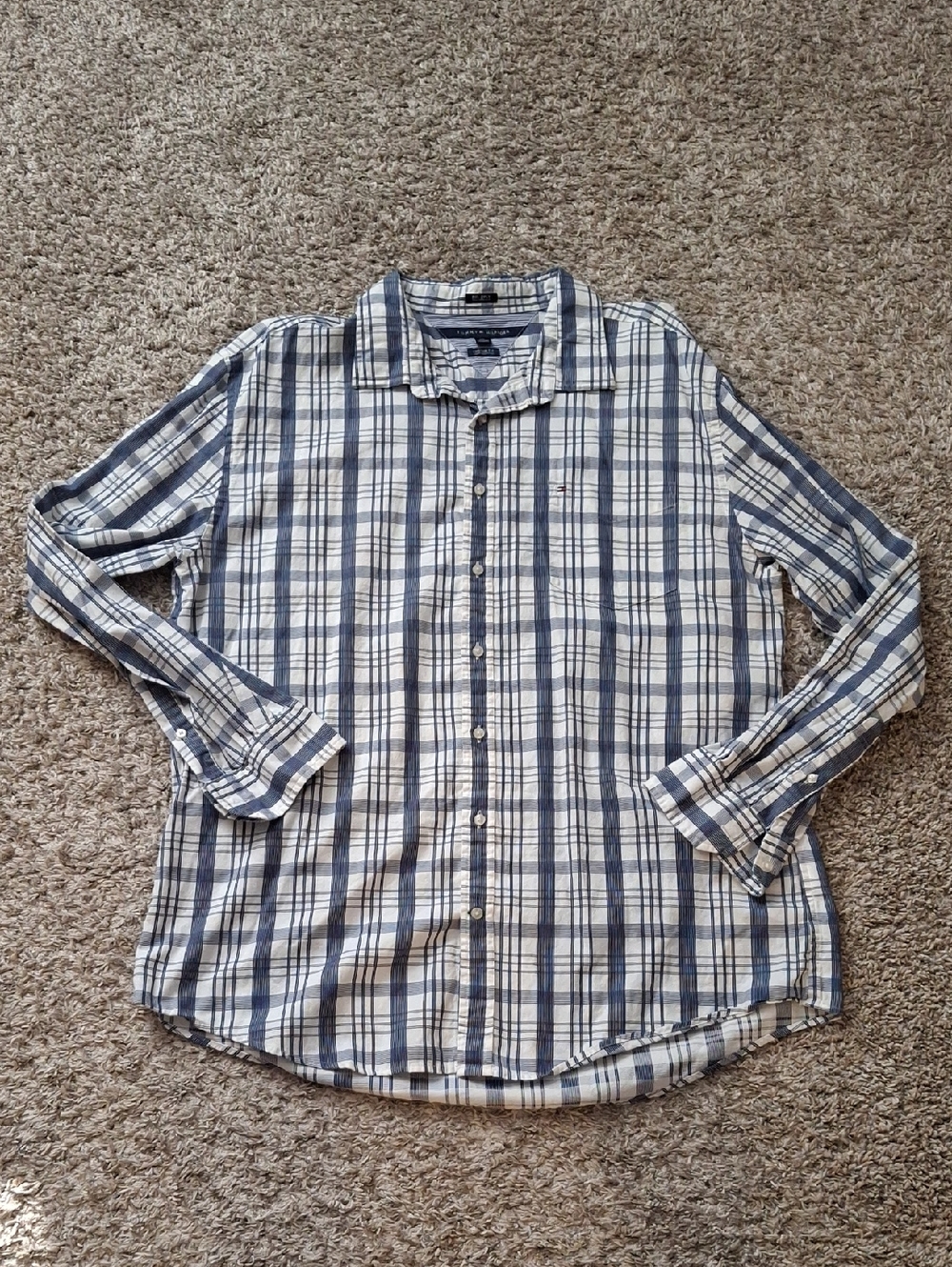 Men's Blue and White Plaid Button-Down Shirt- Tommy Hilfiger- Size XXL